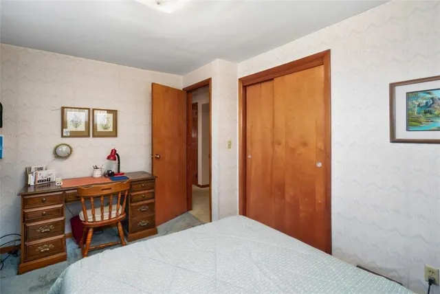 a bedroom with a bed and a bookshelf