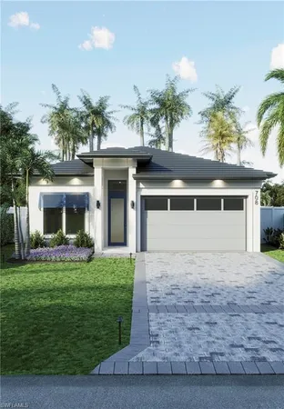 a front view of a house with a yard and potted plants