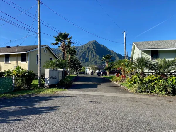 a view of a house with a yard and potted plants