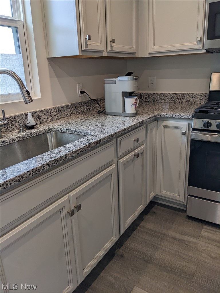 174 West Spring Drive Elyria, OH 44035 - Photo 8 of 19 Kitchen with sink, light stone countertops, white cabinetry, stainless steel appliances, and dark hardwood / wood-style flooring