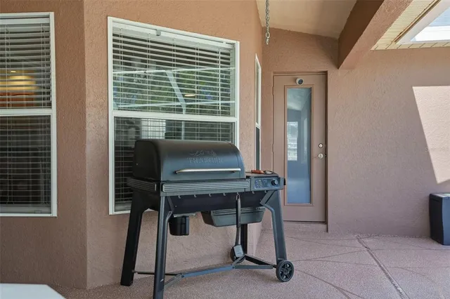 an aerial view of a house with a yard and potted plants