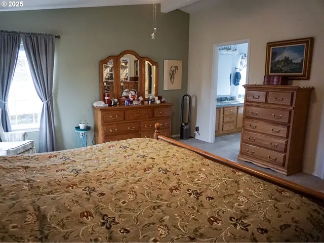 a bedroom with a bed and a dresser in it