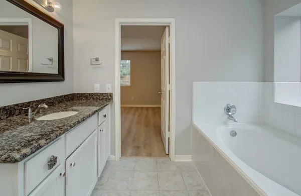 a bathroom with a granite countertop sink and a bathtub