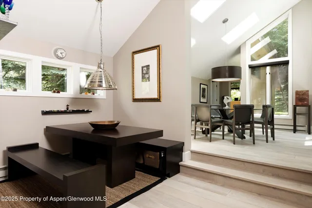 a view of a dining room with furniture