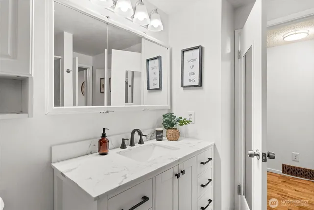a bathroom with a sink vanity and a mirror