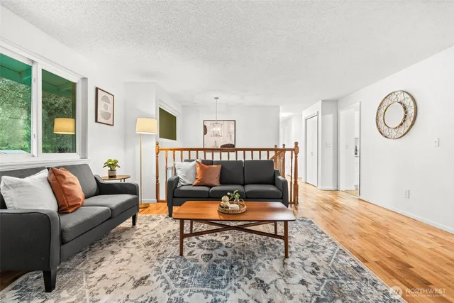 a living room with furniture a rug and a window