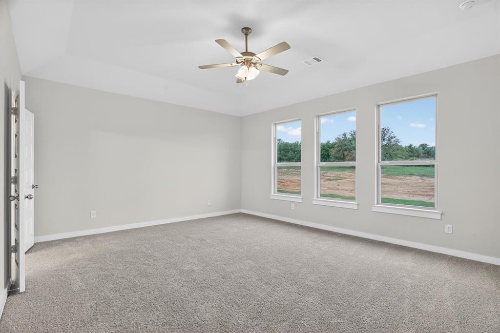 321 Skeen Peak Springtown, TX 76082 - Photo 32 of 37 Spacious room featuring three large windows, vaulted ceiling, neutral gray carpet, pale gray wall paint, and a ceiling fan with integrated lighting