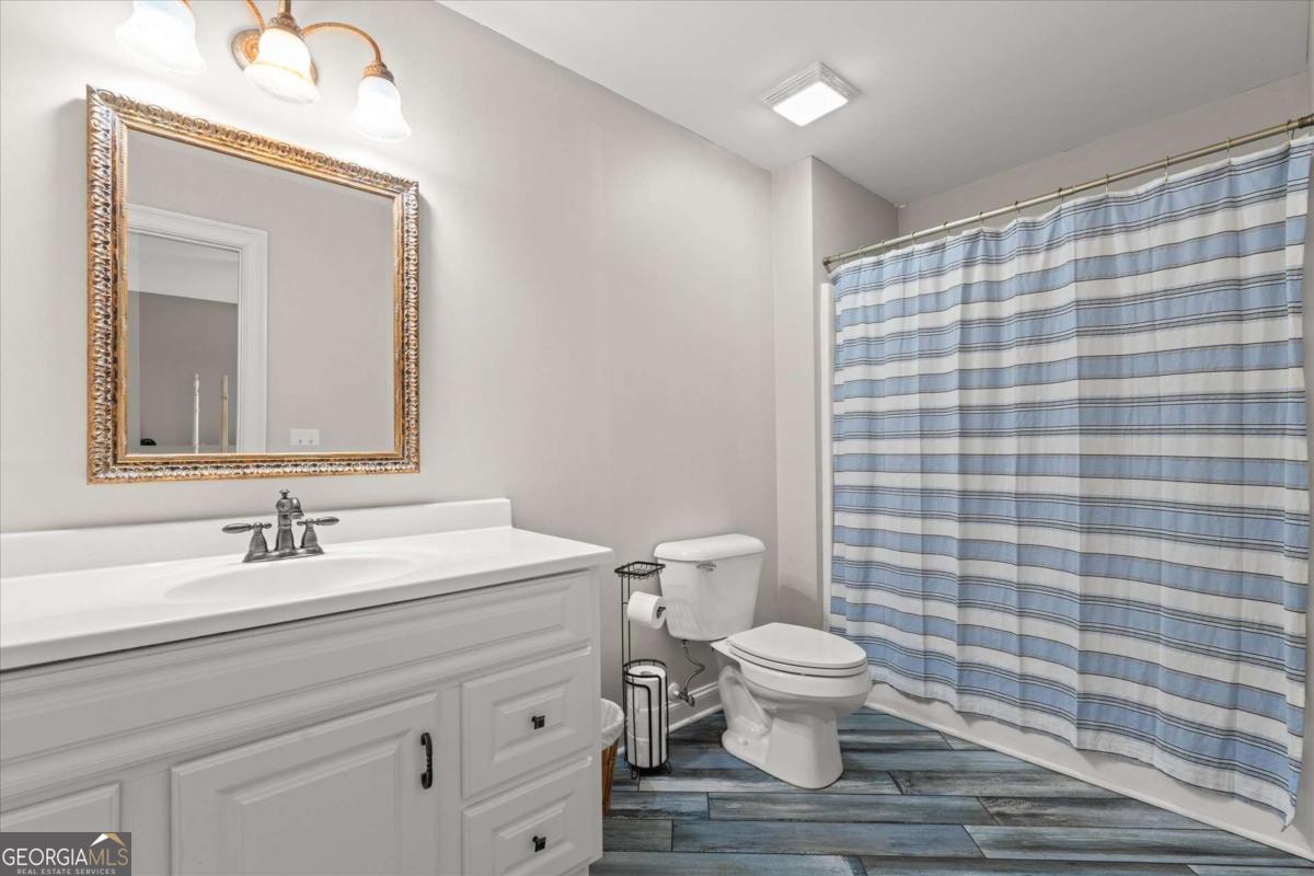 220 McKenzie Bridge Road Carrollton, GA 30117 - Photo 49 of 80 a bathroom with a sink a toilet a mirror and shower curtain