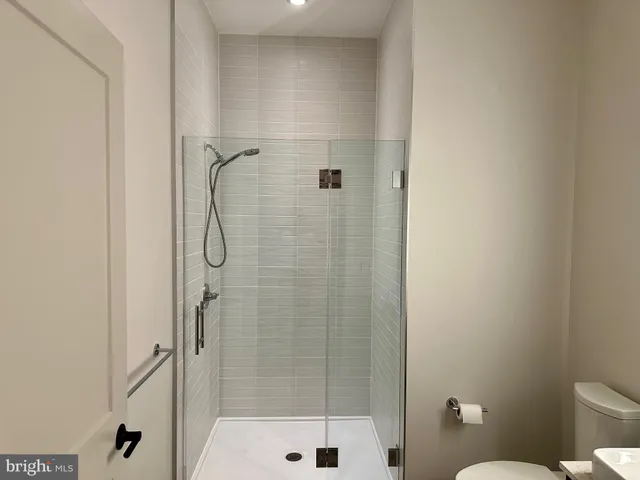 a bathroom with a shower and toilet