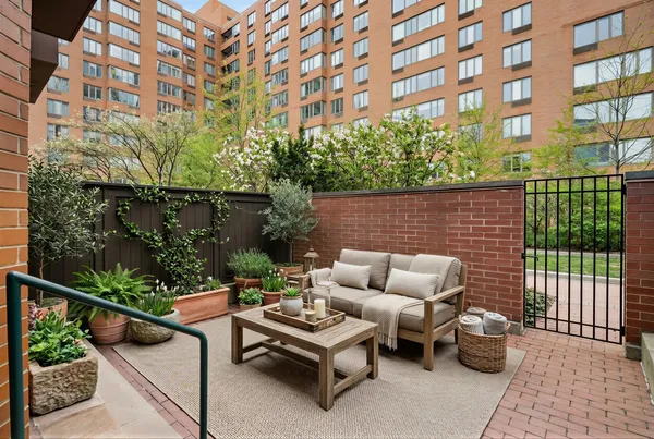 a view of a patio with couches and potted plants