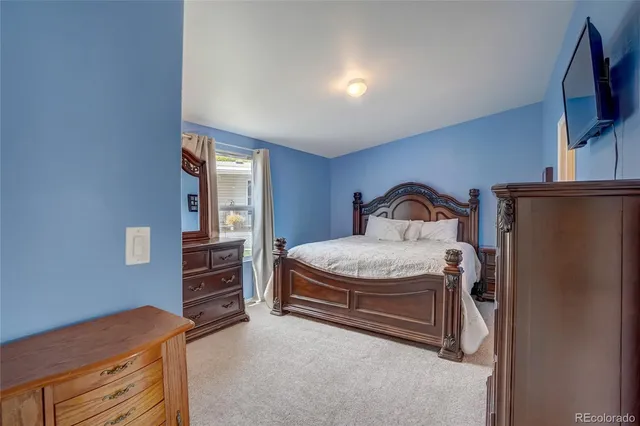 a bedroom with a bed and a television