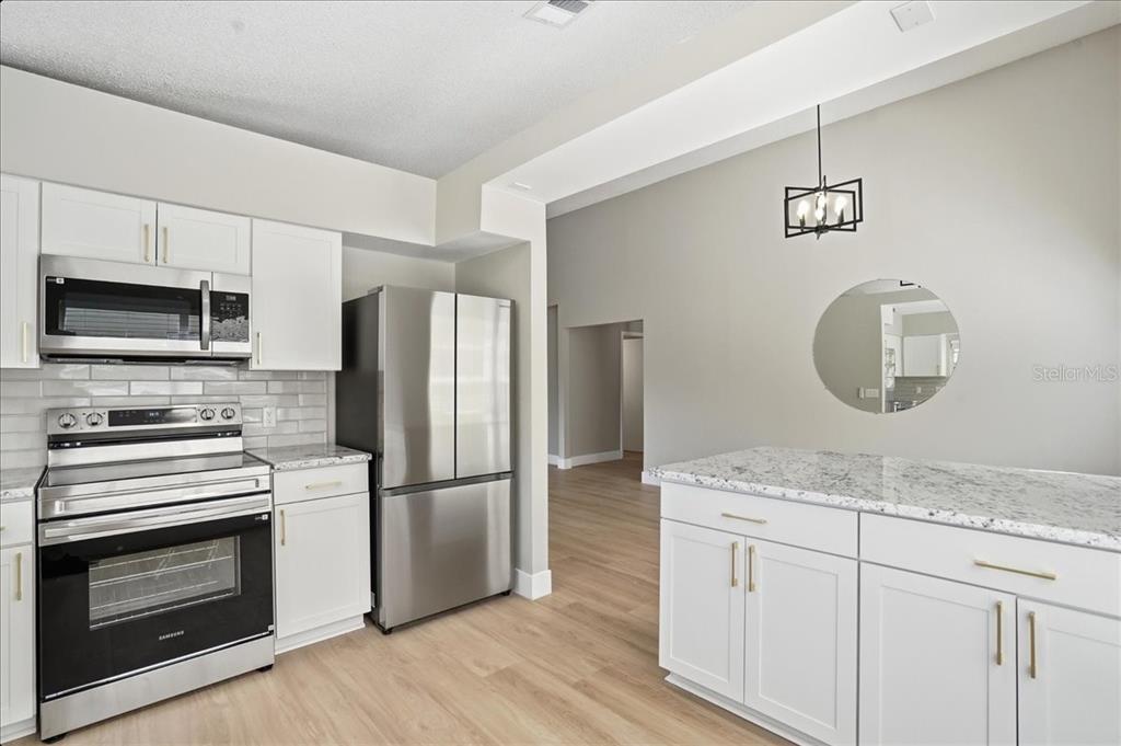1723 Elk Spring Drive Brandon, FL 33511 - Photo 8 of 21 a kitchen with granite countertop a stove microwave and refrigerator