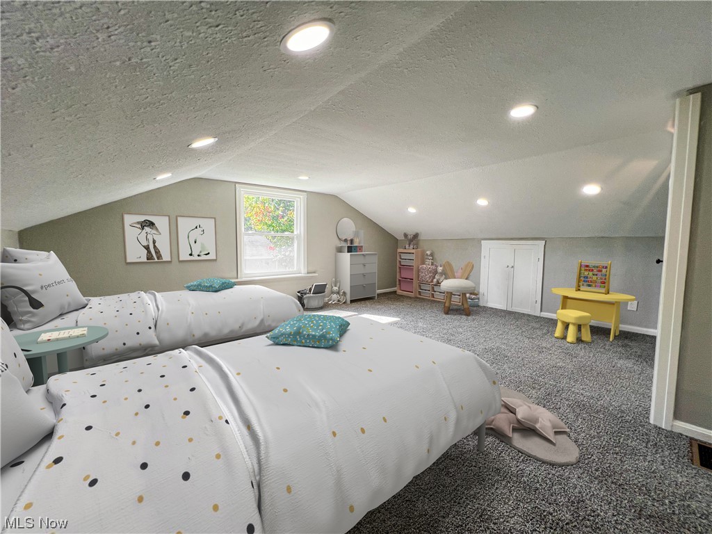 602 West Marshall Road McDonald, OH 44437 - Photo 12 of 19 Staged -Bedroom with carpet floors, vaulted ceiling, and a textured ceiling