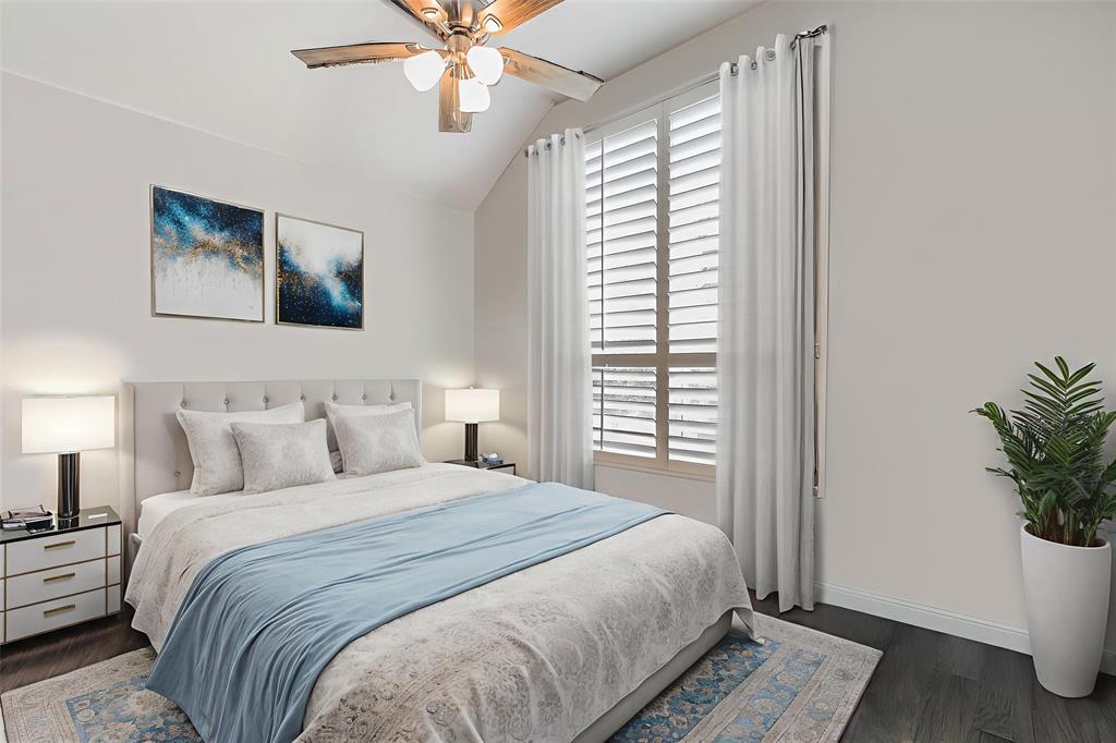1908 Grey Bark Street Fort Worth, TX 76008 - Photo 16 of 31 Bedroom featuring lofted ceiling, dark wood-type flooring, multiple windows, and ceiling fan