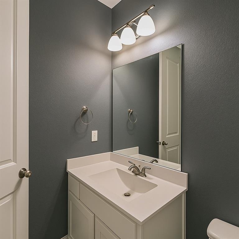 1908 Grey Bark Street Fort Worth, TX 76008 - Photo 17 of 31 Half bath with vanity and a textured wall