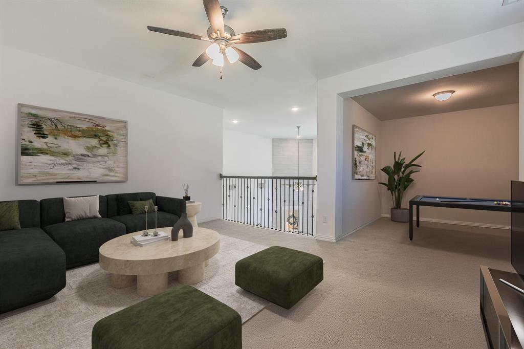 1908 Grey Bark Street Fort Worth, TX 76008 - Photo 18 of 31 Living area with ceiling fan, carpet floors, and recessed lighting