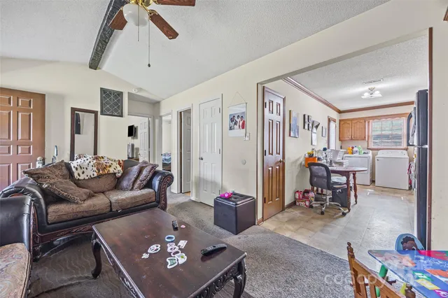 a living room with furniture or couch and a chandelier