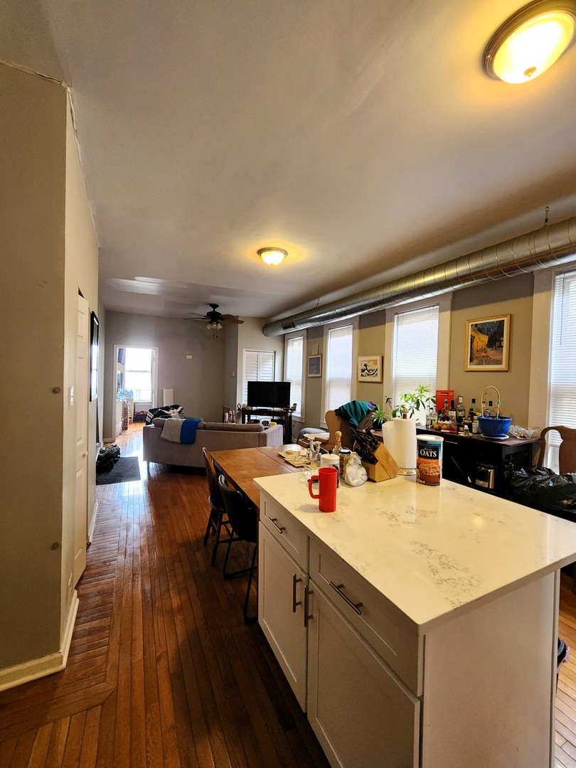 973 West 19th Street, Unit 3 Chicago, IL 60608 - Photo 3 of 10 a kitchen with a sink a counter top space and living room view