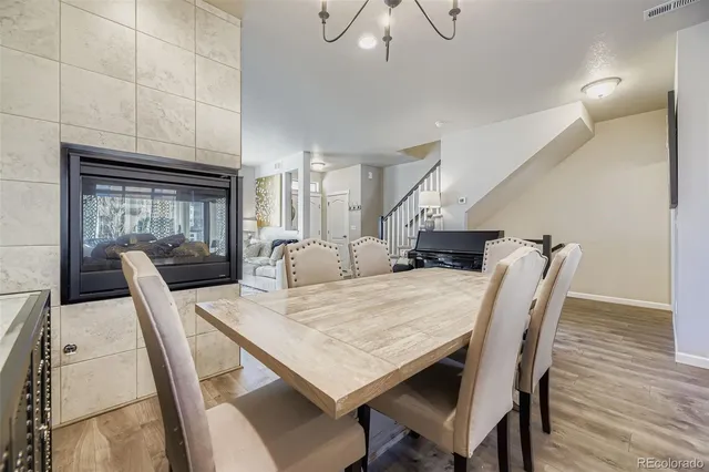 a view of a dining room with furniture