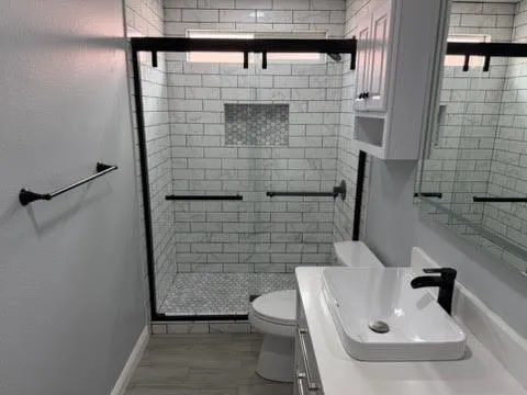 a bathroom with a sink a toilet and shower
