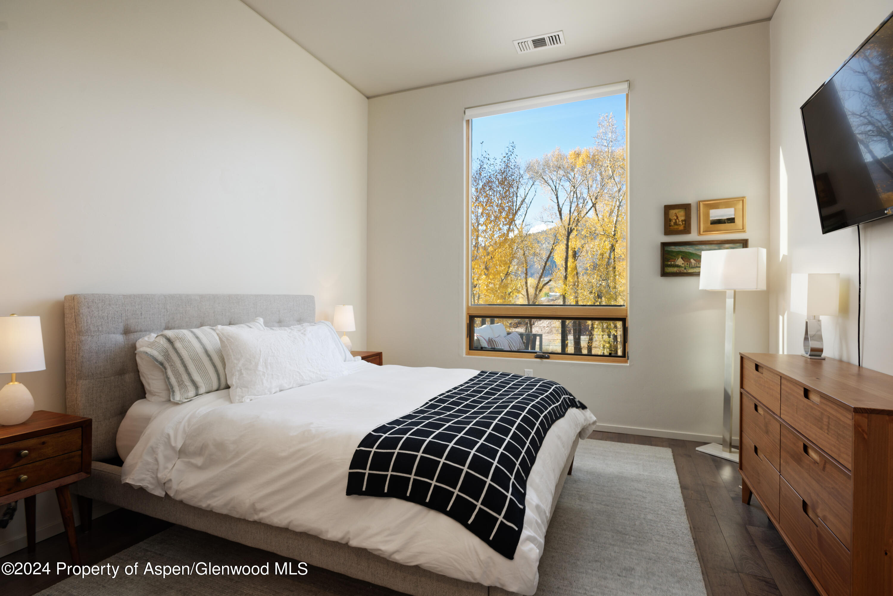202 Evans Road, Unit 204 Basalt, CO 81621 - Photo 8 of 11 a bedroom with a bed and a flat screen tv