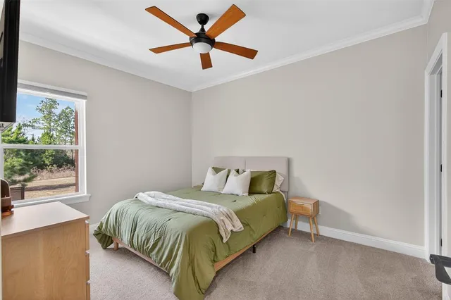 a bedroom with a bed and a large window