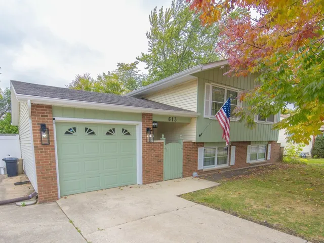 a view of a house with a yard and garage