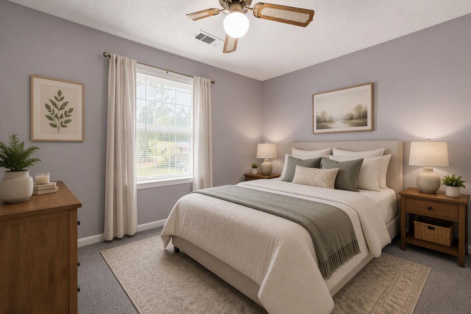 4920 Whitworth Road Memphis, TN 38116 - Photo 16 of 32 Carpeted flooring with a neutral area rug, centered window with blinds, ceiling fan with integrated lighting, and upholstered headboard