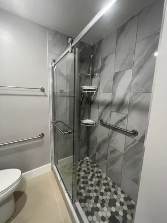 a bathroom with a shower and toilet