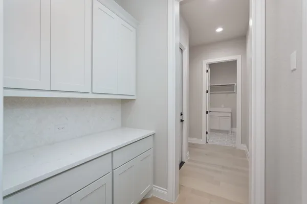 a bathroom with a sink and cabinets