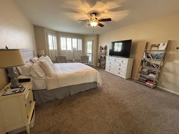 a bedroom with bed tv and window