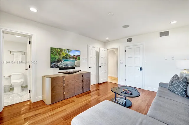 a living room with furniture city view