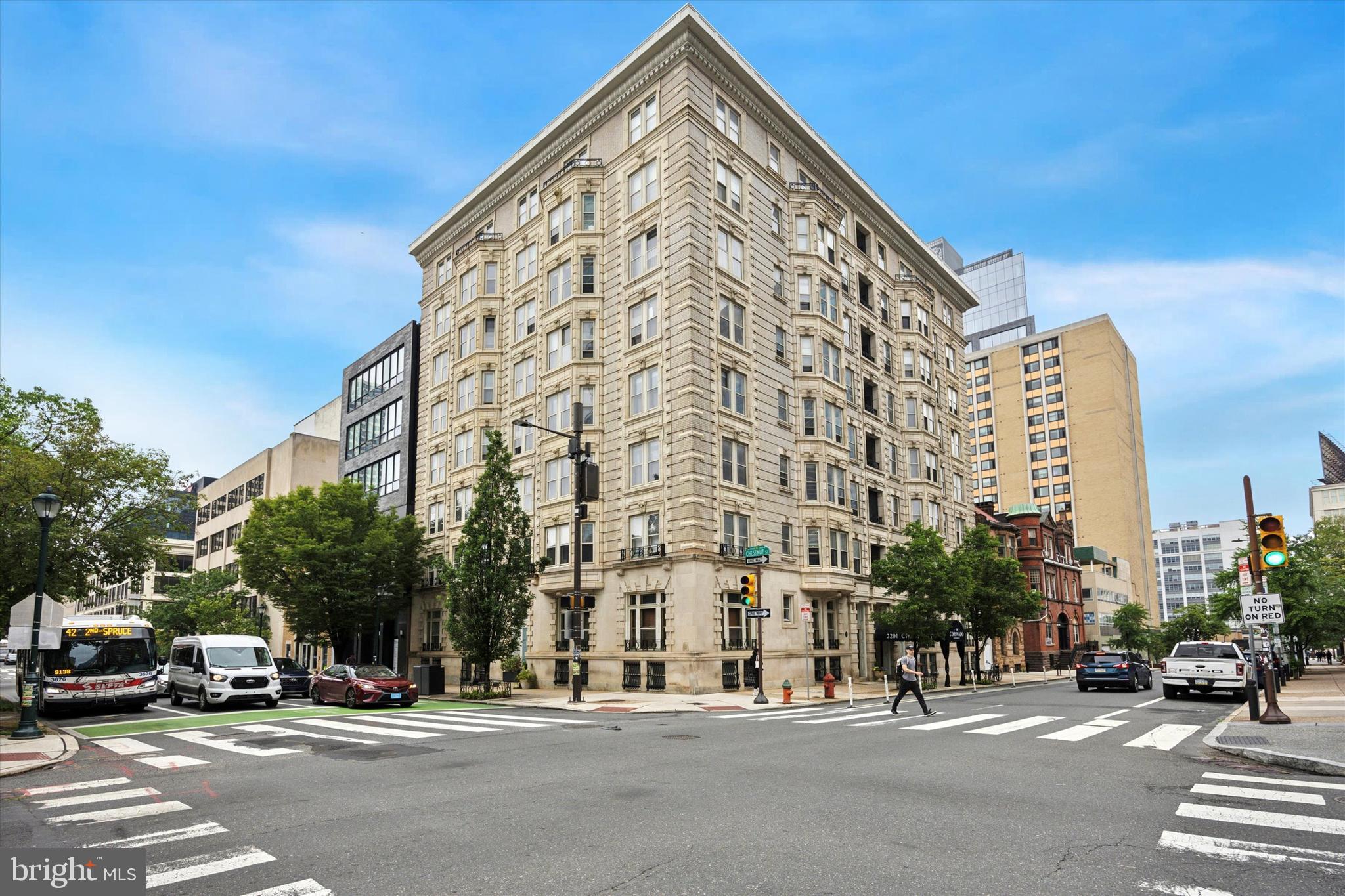 a view of a building and a street