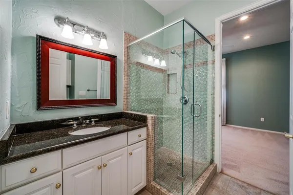 a bathroom with a granite countertop sink a mirror and shower