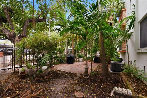 a view of a garden with plants and large trees