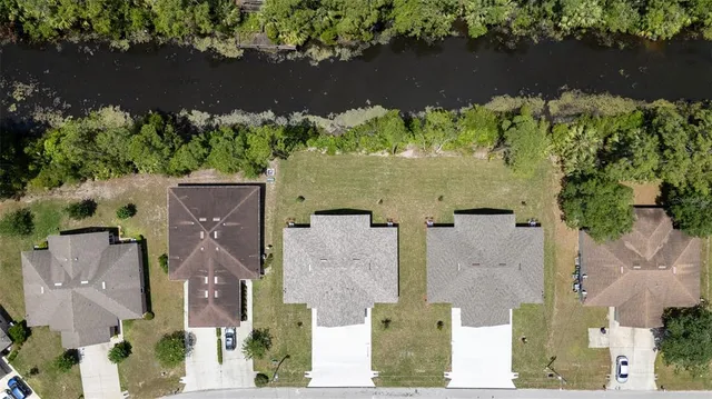 a backyard of a house with plants and tree