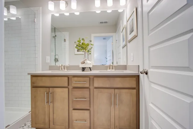 a bathroom with a sink vanity and a mirror