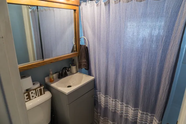 a bathroom with sink a mirror and a shower curtain