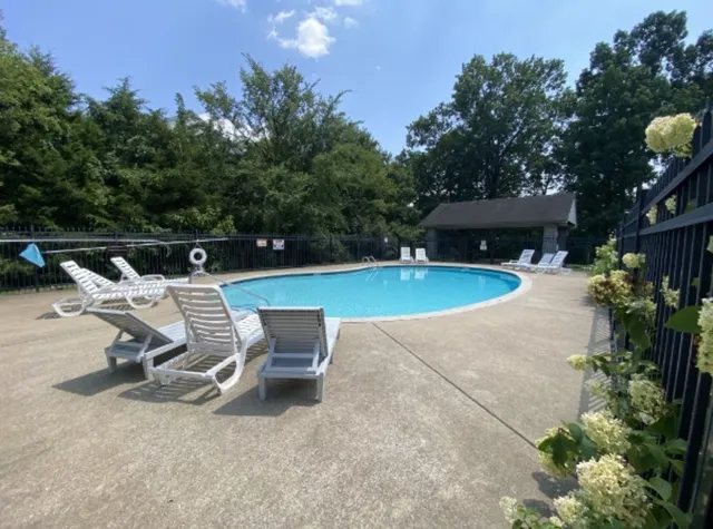 a view of a swimming pool with lounge chair