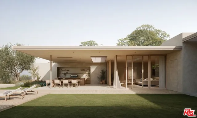 a view of a patio with table and chairs potted plants and floor to ceiling window