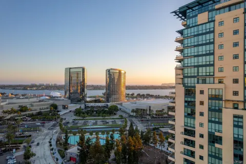 a city view with tall buildings