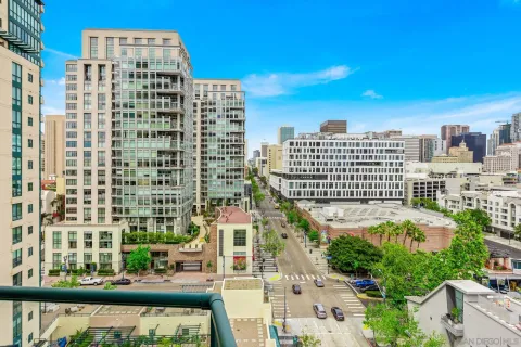 a city view with tall buildings