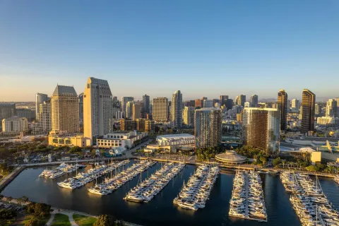 a city view with tall buildings