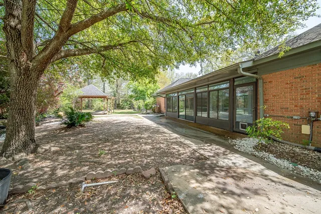 a view of backyard with large trees and plants