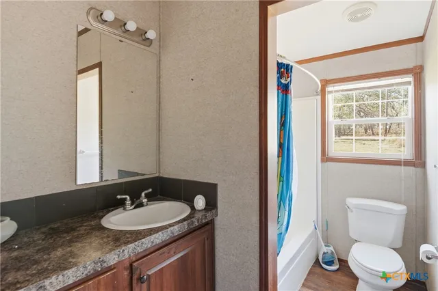a bathroom with a granite countertop sink toilet and a mirror