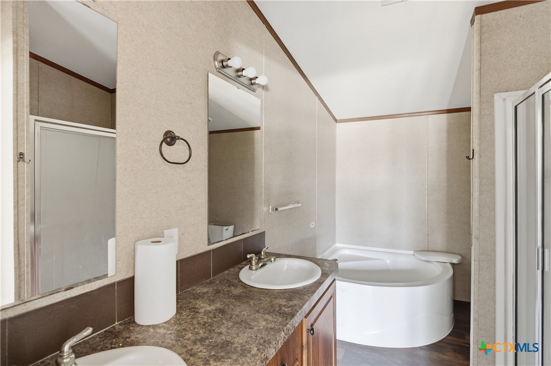 780 Oak Tree Road Seguin, TX 78155 - Photo 18 of 40 a bathroom with a granite countertop sink and a mirror