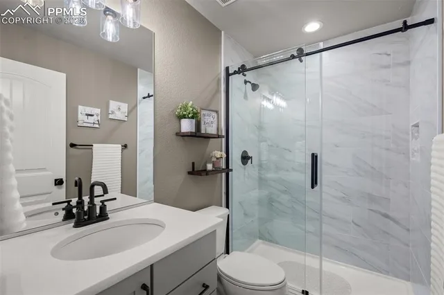 a bathroom with a sink toilet a mirror and shower