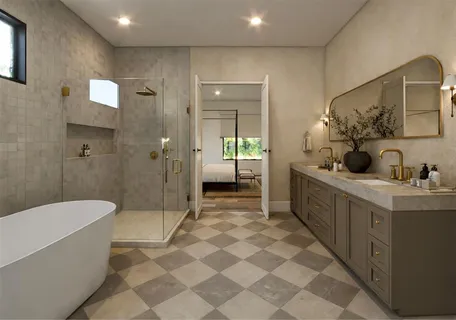 a bathroom with a double vanity sink toilet and shower