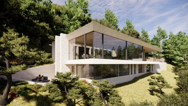 a view of a house with a small yard and large trees