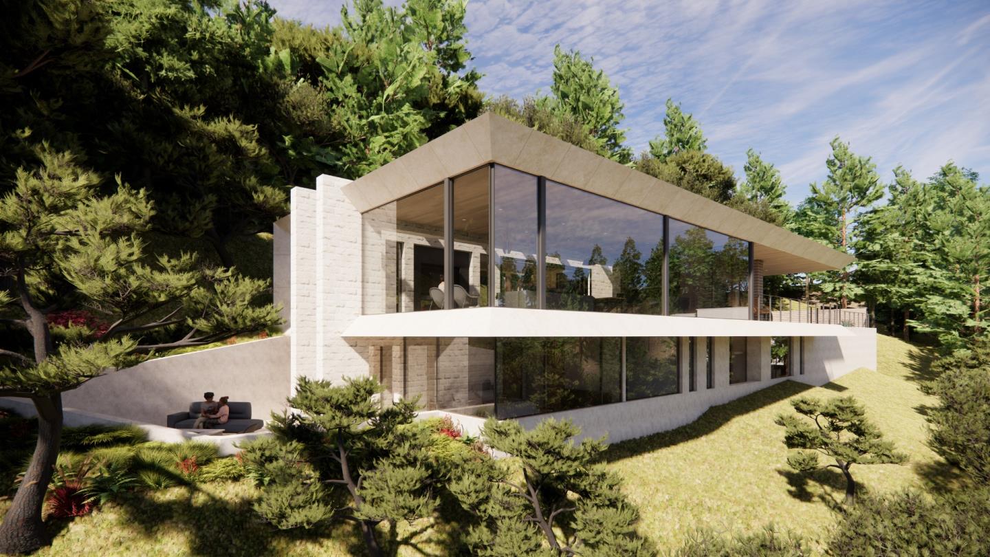 a view of a house with a small yard and large trees